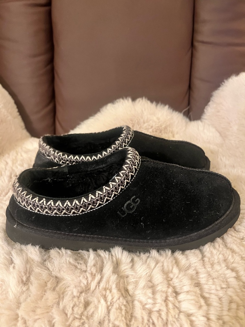 UGG Tasman Black Suede Braided-Trim Slip-Ons Unisex Women’s 9.5/Men 8.